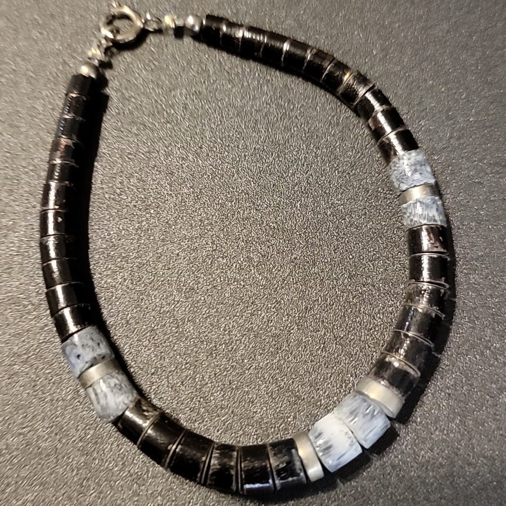 7" Blue black beaded sponge coral and shell bracelet Heishi beads handmade.